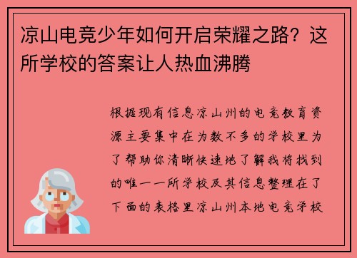 凉山电竞少年如何开启荣耀之路？这所学校的答案让人热血沸腾